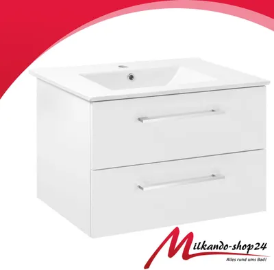 A white bathroom vanity with a ceramic sink and two drawers, shown against a white background with a red overlay at the top and a logo at the bottom.