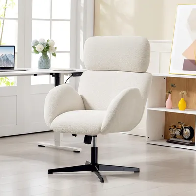 Produktbild von Bürostuhl mit Samtoptik, Polsterstuhl höhenverstellbar, Schreibtischstuhl mit Kopfstütze, Cremeweiß | 46-54 cm Sitzhöhe | 360° drehbar | 13 cm Polster