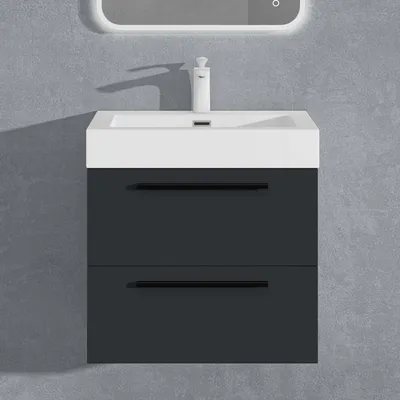 Image de doporro Meuble de Salle de Bains Gris Noir Mat Ensemble de 2 Pièces Meuble Suspendu avec Lavabo 60 cm Design Quadratto