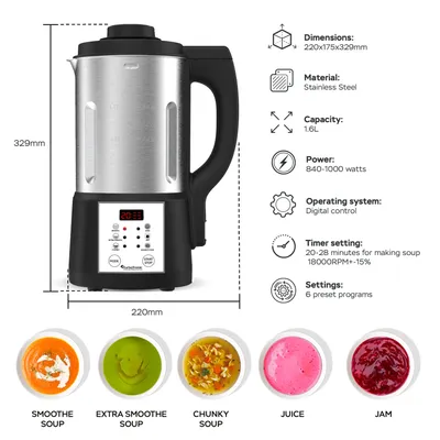 Produktbild von TurboTronic, Suppenkocher, Silber, 1.6L, 1000W, 6 Programme, Suppenautomat, Multikocher, Smoothie-Maker, Edelstahl, mit Edelstahlkrug und Klinge, leiser Betrieb