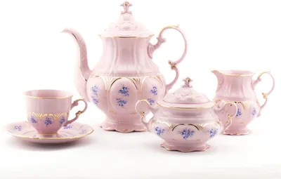 Produktbild von Leander Kaffeeservice, blaue Blumen, rosa Porzellan, Leander, 15 Stück