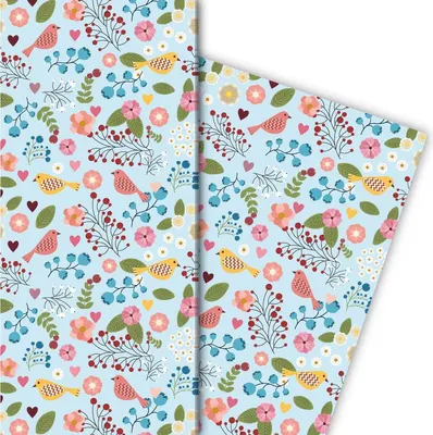 Produktbild von Leichtes Geschenkpapier mit Vögelchen und Blüten in hellblau - G6279, 32 x 48cm