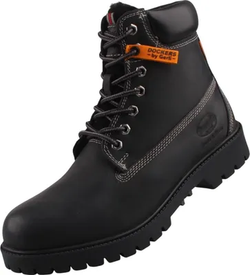 A studio shot of a single black boot.
