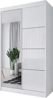 Zdjęcie produktu dla Stylowa szafa przesuwna LOKO4 120cm biała - fronty duże lustro + eleganckie szkło lacobel w 3 kolorach do wyboru, w komplecie z półkami i drążkiem
