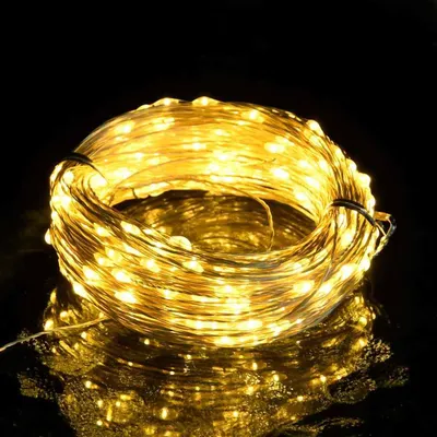 A coiled string of warm white LED lights on a reflective black surface.