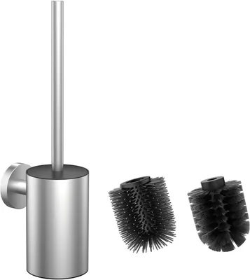 Produktbild von Silikon-Toilettenbürste mit Halterung - 2 Bürstenköpfe - Edelstahl 304 - Wandmontage zur Reinigung des Badezimmers - Silber - Rund