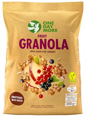 Produktbild von OneDayMore | Frucht Granola 200 g | Knuspermüsli mit Apfel Johannisbeeren und Samen