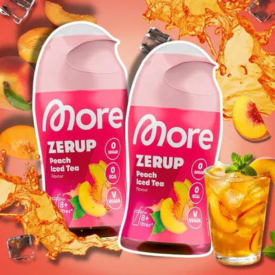 Produktbild von 2× MORE Zerup Zero Sirup Peach Iced Tea Getränkesirup ohne Zucker mit Pfirsichsaftkonzentrat | 2 × 65 ml