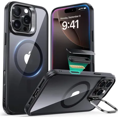Image de Coque de protection pour iPhone 16 Pro Max, compatible MagSafe et avec support intégré, couleur noire