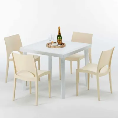 Produktbild von Weiß Quadratisch Tisch und 4 Stühle Farbiges Polypropylen-Außenmastenset Grand Soleil Paris Love - Beige