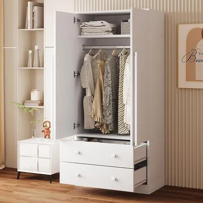 Produktbild von Garderobenschrank 70x40x170 cm Doppeltüren 2 Schubladen Ablagefächern weiß für Flur Schlafzimmer als Flurgarderobe Kleiderschrank Schuhschrank ohne Spiegel