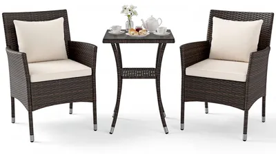 Immagine prodotto di Set da balcone KOMFOTTEU, composto da 3 pezzi: set di mobili da giardino con 2 poltrone in rattan e tavolo a 2 piani in vetro temperato, set da bistrot con cuscini, set di mobili per terrazza, set di sedute per giardino, cortile e veranda