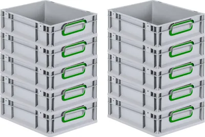 Produktbild von SparSet 10x Eurobox NextGen Color | HxBxT 12x30x40cm | 11 Liter | Griffe grün geschlossen | Glatter Boden | Grau | Eurobehälter, Transportbox, Transportbehälter, Stapelbehälter