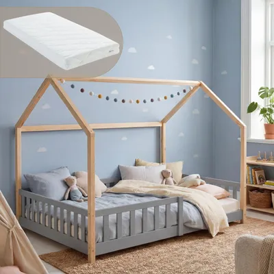 Obrázek produktu pro Dětská postel "Hesel" s matrací a bočními zábranami, rozměry 120 x 200 cm, borovicové dřevo, barva šedá/přírodní