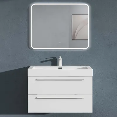 Produktbild von doporro Badmöbel-Set Waschbeckenunterschrank mit Soft-Close in Matt Weiß 90x48x60cm Waschplatz komplett Set inkl. Mineralguss-Waschbecken und Led-spiegel Quadratto