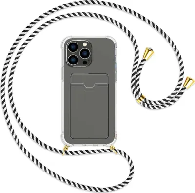Produktbild von Handykette Backcover-Schutzhülle mit Band (Metall goldfarben) für Apple iPhone 14 Pro Max (6.7'') - schwarz/weiß gestreift