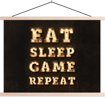 Produktbild von MuchoWow® Textilposter Spiele - Spiele - Zitate - Sprichwörter - Eat sleep game repeat 150x113 cm mit holzfarbenen Rahmen - Poster