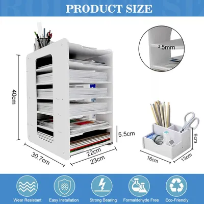 Productafbeelding van Brievenbak documentenhouder bureau-organizer - A4 - 7 vakken - PVC - Stapelbaar - 40 x 30,7 x 23 cm - Wit