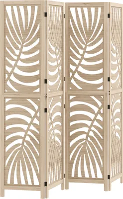 Image de HOMCOM Paravent interieur en bois 4 panneaux 160 x 170 cm séparateur de pièce pliable et portable, motif de feuille, cloison de séparation amovible pour salon chambre à coucher maison, bois naturel