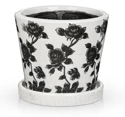 Zdjęcie produktu dla Doniczka ceramiczna z podstawką, średnica 14 cm, kolor czarny z motywem róż, idealna do sukulentów i kaktusów