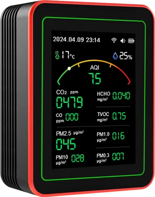 Zdjęcie produktu dla monitor jakości powietrza 15 w 1 - inteligentny z WLAN i aplikacją, CO/CO₂/HCHO/TVOC/PM2.5/PM10, temperatura, wilgotność, timer i alarm do domu i biura
