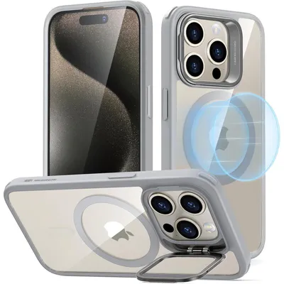 Image de Coque de protection pour iPhone 15 Pro, compatible MagSafe, conforme à la norme militaire, avec support intégré, couleur gris transparent