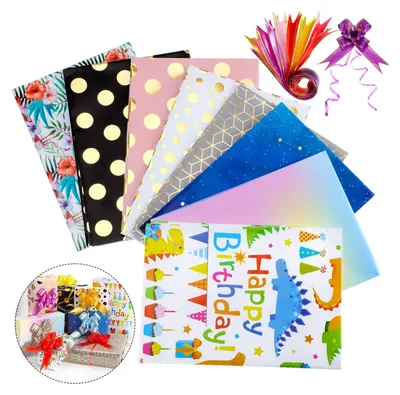 Produktbild von 8 Stück Geschenkpapier 70 x 50 cm mit 12 Stück bunte Schleifen für jede Anlass, Geburtstag, Hochzeit, Baby, Kinder, Halloween, Weihnachten und mehr