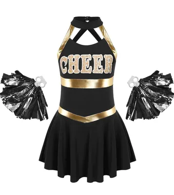 Produktbild von Mädchen Cheerleader Kostüm mit Gr. 170-176 2 x Pompons Schwarz Gold – Cheerleading Kleid Kinder Karneval Halloween Fasching Party Show