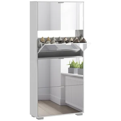 Obrázok produktu pre HOMCOM Úložný priestor na topánky, úsporný dizajn, s zrkadlom a 4 zásuvkami, pre 24 párov topánok, rozmer 76x26x178 cm, biela farba