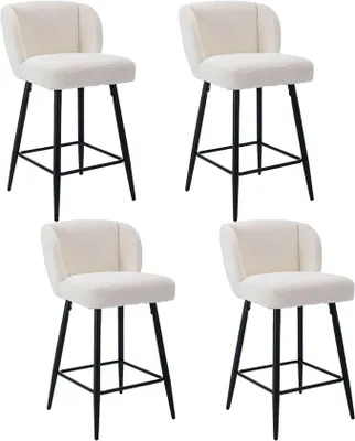 Productafbeelding van Barstoelen set van 4, beklede barkruk met rugleuning, wit | Bistrostoelen met voetsteun en linnenstof, barkruk, toonbankstoel, keukentool voor bar, keuken en bistro