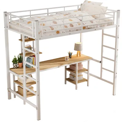 Produktbild von Eisenrahmenbett, Etagenbett mit Tisch und Regalen, 90x200cm