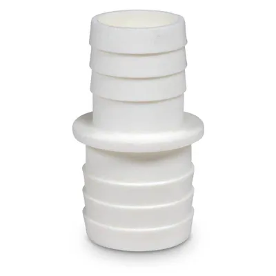 A white plastic hose connector with ribbed ends.