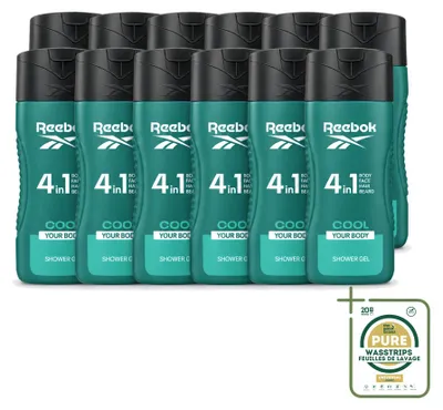 Immagine prodotto di 12 flaconi di gel doccia Reebok Cool Your Body 4-in-1, capacità: 400 ml, confezione risparmio, 12 pezzi