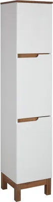 A tall, narrow cabinet with three doors and wooden legs, shown from a three-quarter angle.