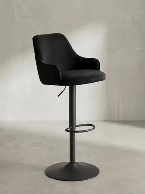 Produktbild von Barhocker Samt Schwarz Hocker mit Lehne 86 - 106 cm, Küchenhocker Höhenverstellbar Modern 100 kg, Barstuhl Tresenhocker mit Metall-Trompetenfuß, Bistrohocker Gepolstert mit Armlehne