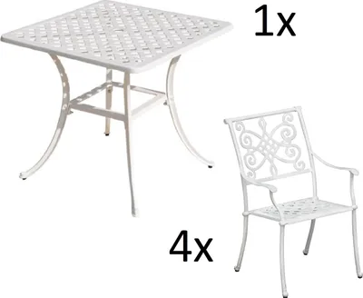 Produktbild von Inko 5-teilige Sitzgruppe Aluminium Guss weiß Tisch 80x80cm mit 4 Sesseln