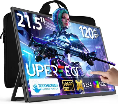 Image de Écran tactile portable de 21,5 pouces, avec une fréquence de 120 Hz, portable, écran tactile, résolution 1080P et rapport de contraste de 1300:1, équipé d'un support intégré, avec ports HDMI et USB-C, compatible avec PC, ordinateurs et consoles de jeux