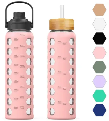 Imagen del producto de Omgoods - Botella de agua de vidrio de 950 ml con pajita y tapas