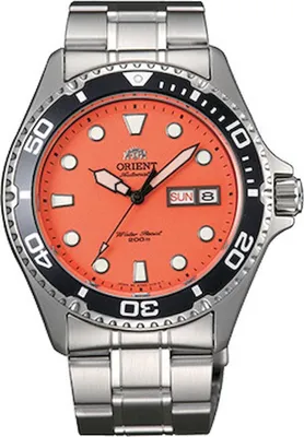 Produktbild von Orient Herrenuhr Ray II Automatic FAA02006M9, Edelstahl, Mineralglas, Orange, Silber, 42mm Gehäuse, 13mm Dicke, 22mm Armbandbreite, Automatik, 20 ATM, drehbare Lünette, Datums- und Wochentagsanzeige, Leuchtzeiger & -indexe, Faltschließe, verschraubte Krone, Japan