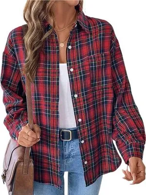 Zdjęcie produktu dla Miękka koszula flanelowa z zapięciem na guziki i wzorem w kratę dla kobiet Koszula flanelowa z długim rękawem, koszula flanelowa w kratę, bluzki damskie