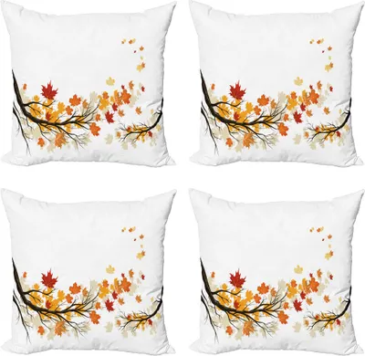Produktbild von ABAKUHAUS Fallen Kissenbezug Set (4 Stück), Herbst-Baum-Zweig, Moderner Doppelseitiger Digitaldruck, 40 cm x 40 cm, Marigold Dark Orange