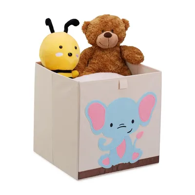 Image de Boîte de rangement avec motif éléphant, dimensions : 33 x 33 x 33 cm (H x L x P), coffre à jouets pour chambre d'enfant, boîte en tissu