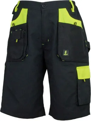 A pair of black work shorts with bright green accents and multiple pockets.