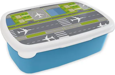 Produktbild von KitchenYeah® Lunchbox Brotzeit Brotdose 17x11 cm Design - Flughafen - Flugzeug Kinder Brotzeitdose - Lunch - Kunststoff  - Brotbüchse - Sandwichbox - Lunchbox für Kinder