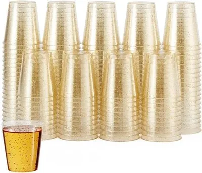 Image de 150 verres à schnaps transparents en plastique avec des paillettes dorées – 30 ml – Verres à schnaps pour mariages, anniversaires et fêtes de Noël – Verres à schnaps jetables en plastique, solides et réutilisables