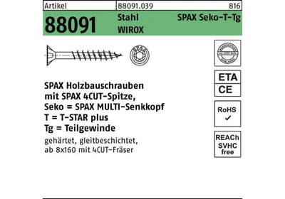 Produktbild von Schraube R 88091 SEKO/T-STAR TG 8x 80/47-T40 Stahl WIROX 50 Stück SPAX