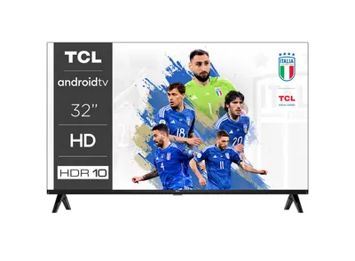 A television screen displaying a group of soccer players in uniform, with brand logos and product specifications visible on the left side of the screen.