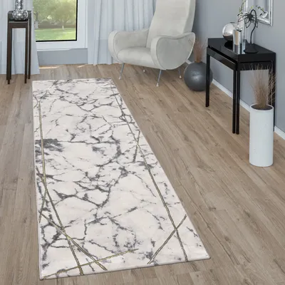 Produktbild von Teppich Wohnzimmer Kurzflor Modernes Abstraktes Muster Marmor Optik Grau Gold Grösse 80x150 cm