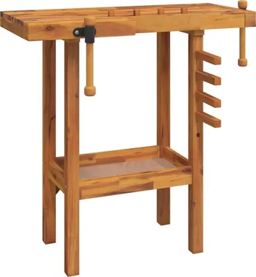 A wooden workbench with vices, shown against a white background.