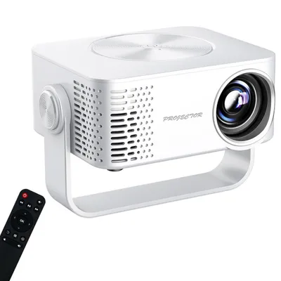 A white mini projector with a remote control on a white background.